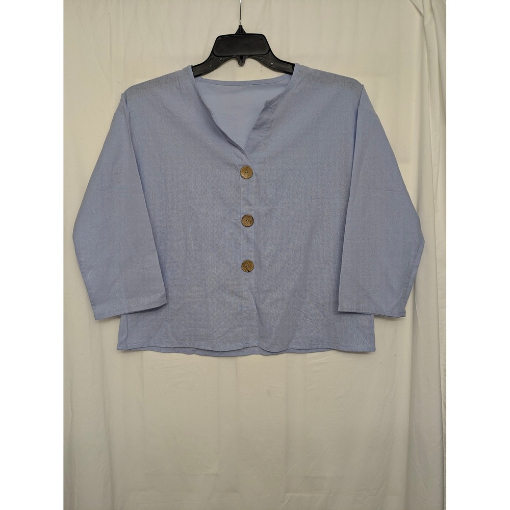 Womens Blue 100% Linen 3/4 Sleeve Button Front V-Neck Blouse Top Size M